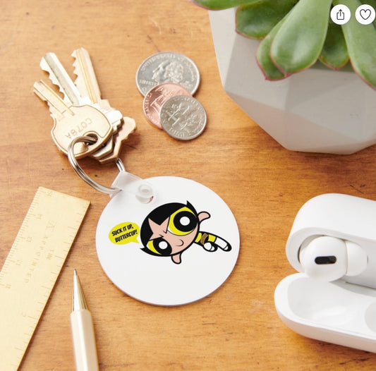 Miss Buttercup Metal Keychain, 2" Round, Printed on Both Sides