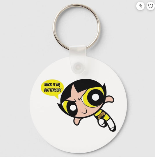 Miss Buttercup Metal Keychain, 2" Round, Printed on Both Sides